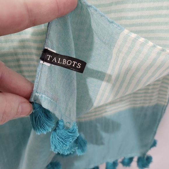 Talbots Sheer Scarf Teal Tan Stripe Tassels Preppy Classic - Picture 5 of 5